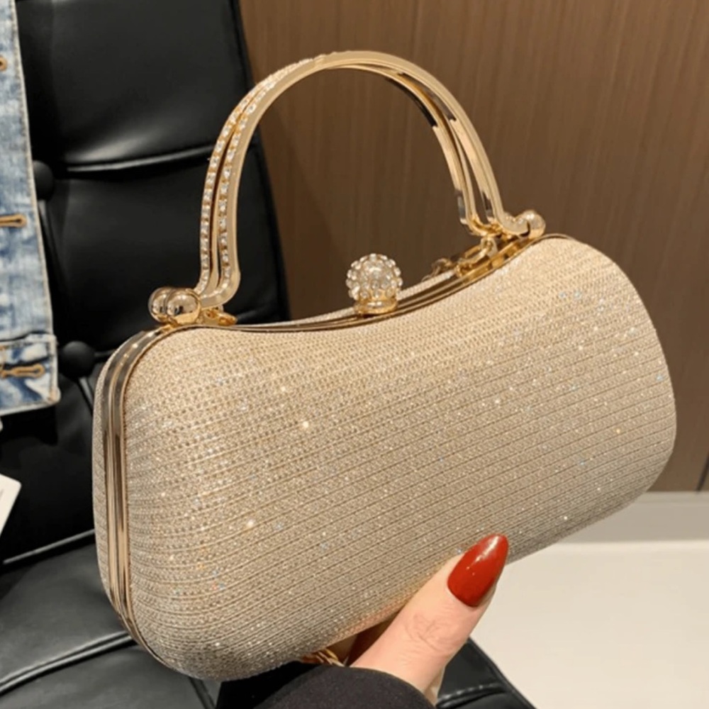 Elegant Gold Shimmery Clutch Bag with Rhinestone Accent